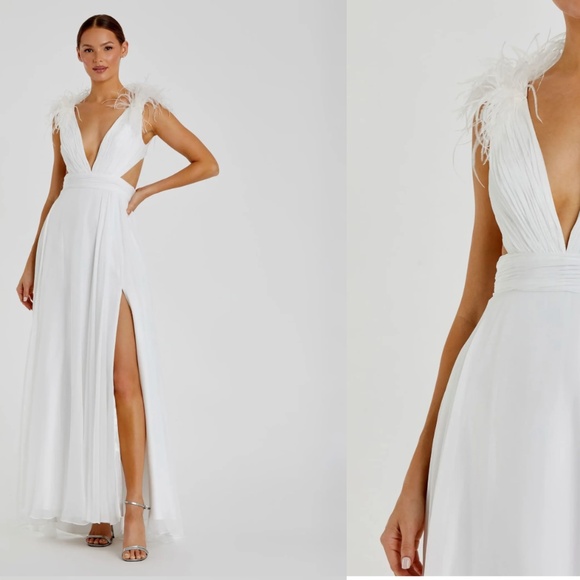 MAC DUGGAL 68113 WHITE PLUNGE NECK OSTRICH FEATHER A-LINE CHIFFON GOWN sz 14 - Picture 1 of 5
